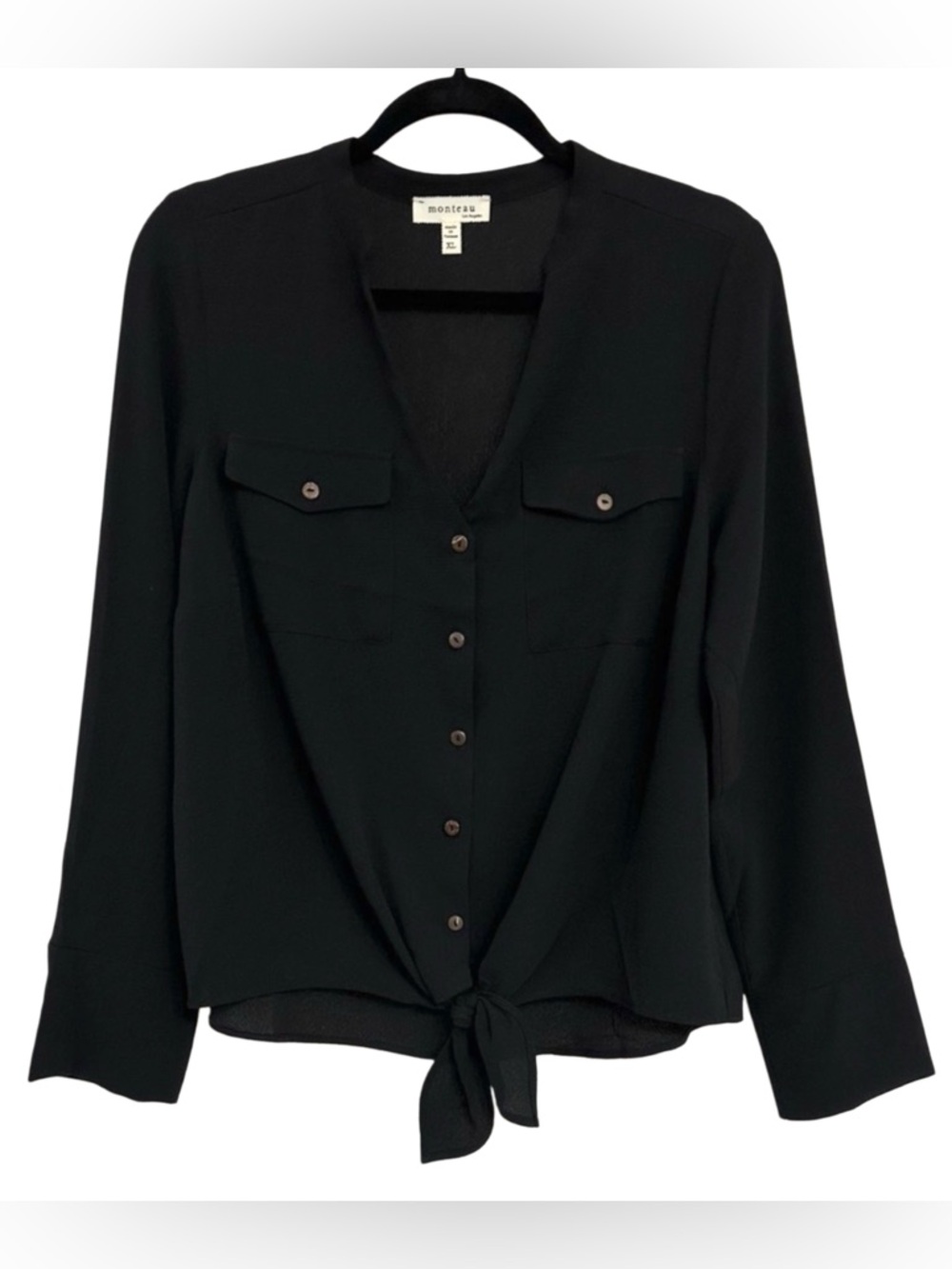 Monteau Los Angeles Black Tie Front Blouse XL Button Front Long Sleeve